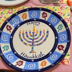 Happy Hanukkah Serving Platter. Perfect for Latkes! Ceramic Menorah in Center EC